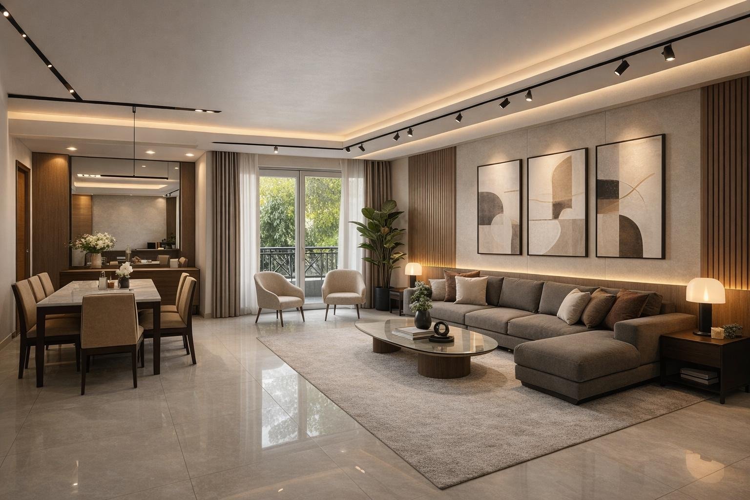 Open living and dining space with grey sofa and warm recessed lighting