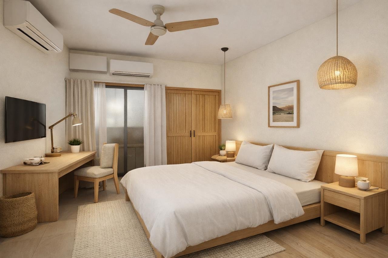 Bright bedroom with timber furniture and woven pendant light