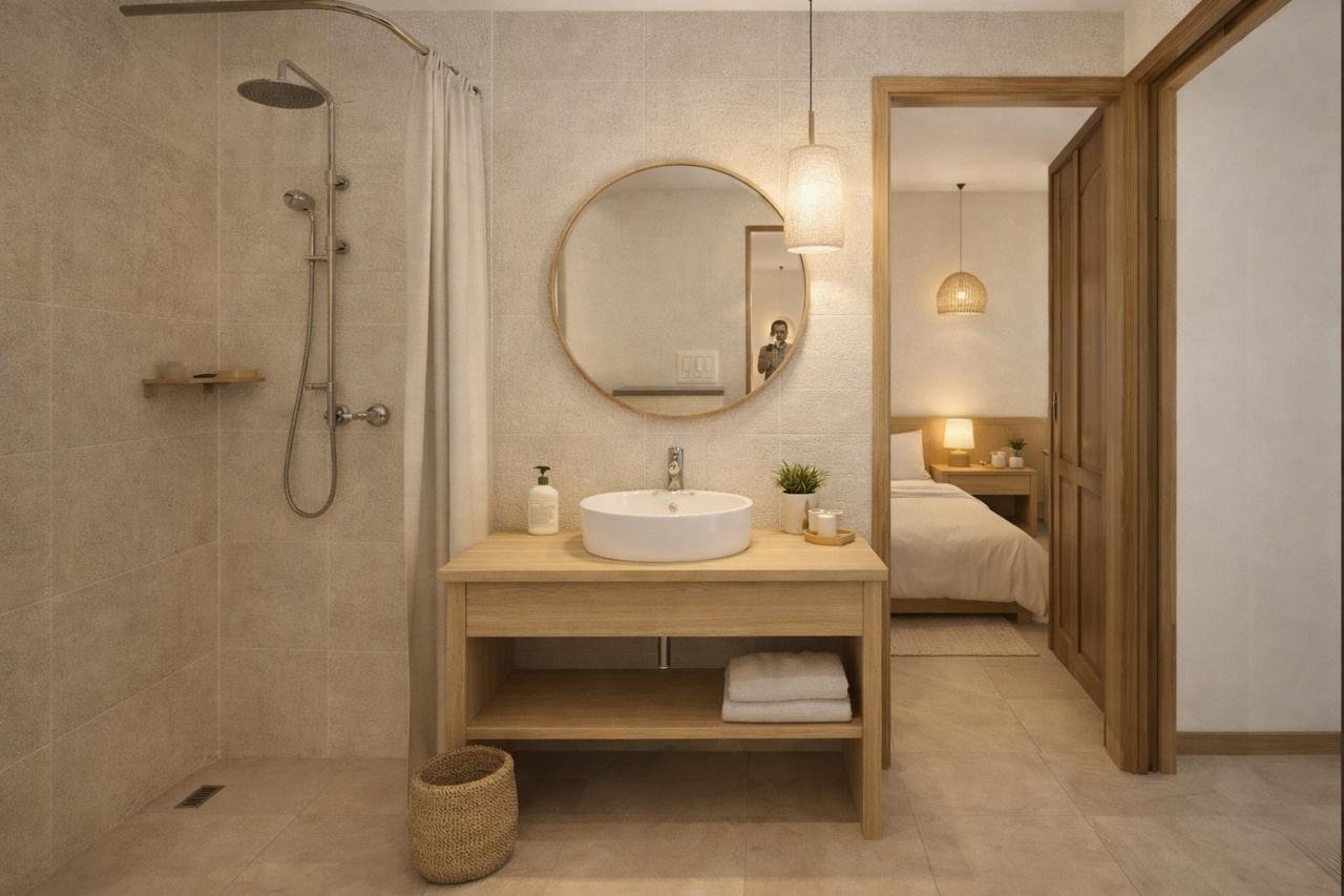 Bathroom with pale tile, round mirror and timber vanity