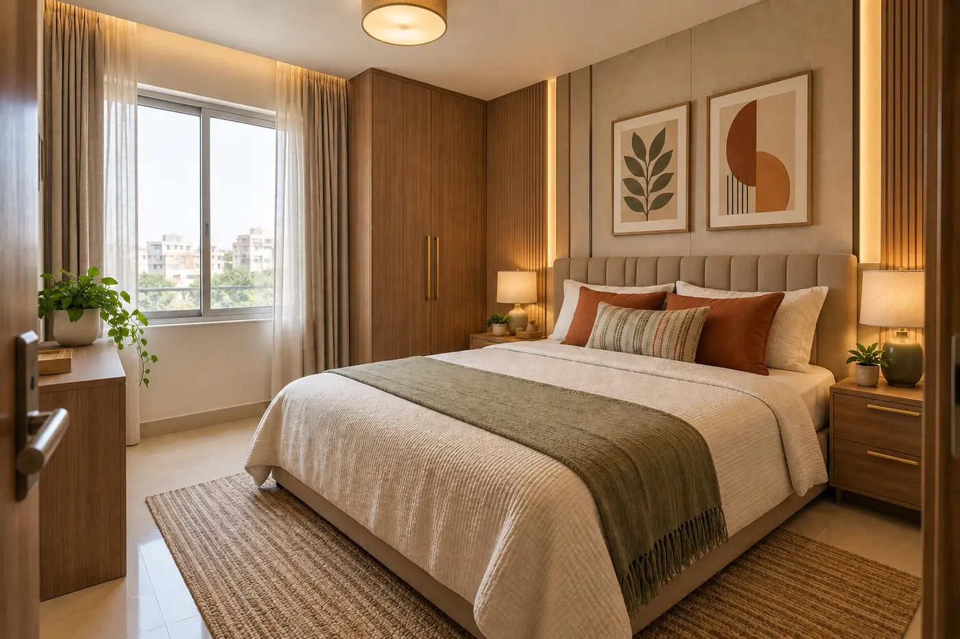 Illustrative warm contemporary bedroom concept with refined finishes